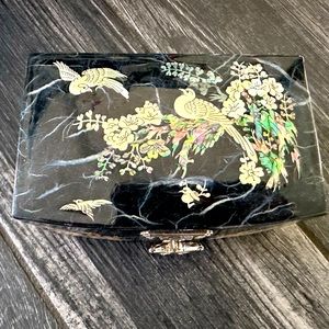 Vintage Mother of Pearl  Mirror Jewelry Ring Box Art Trinket Birds